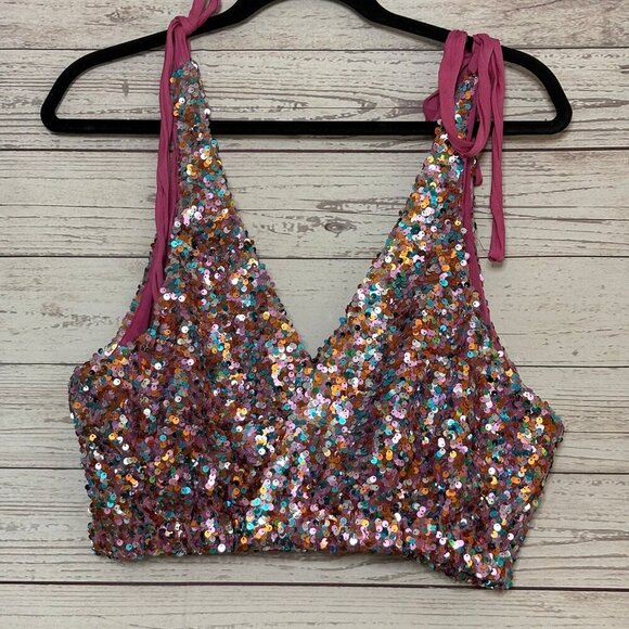 Free People Intimately Big Night Multi-Colored Sequin Crop Top Size Large - Picture 3 of 5